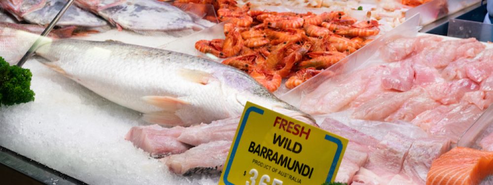 Fish stall with barramundi fish fillets in a market in Melbourne Victoria Australia
