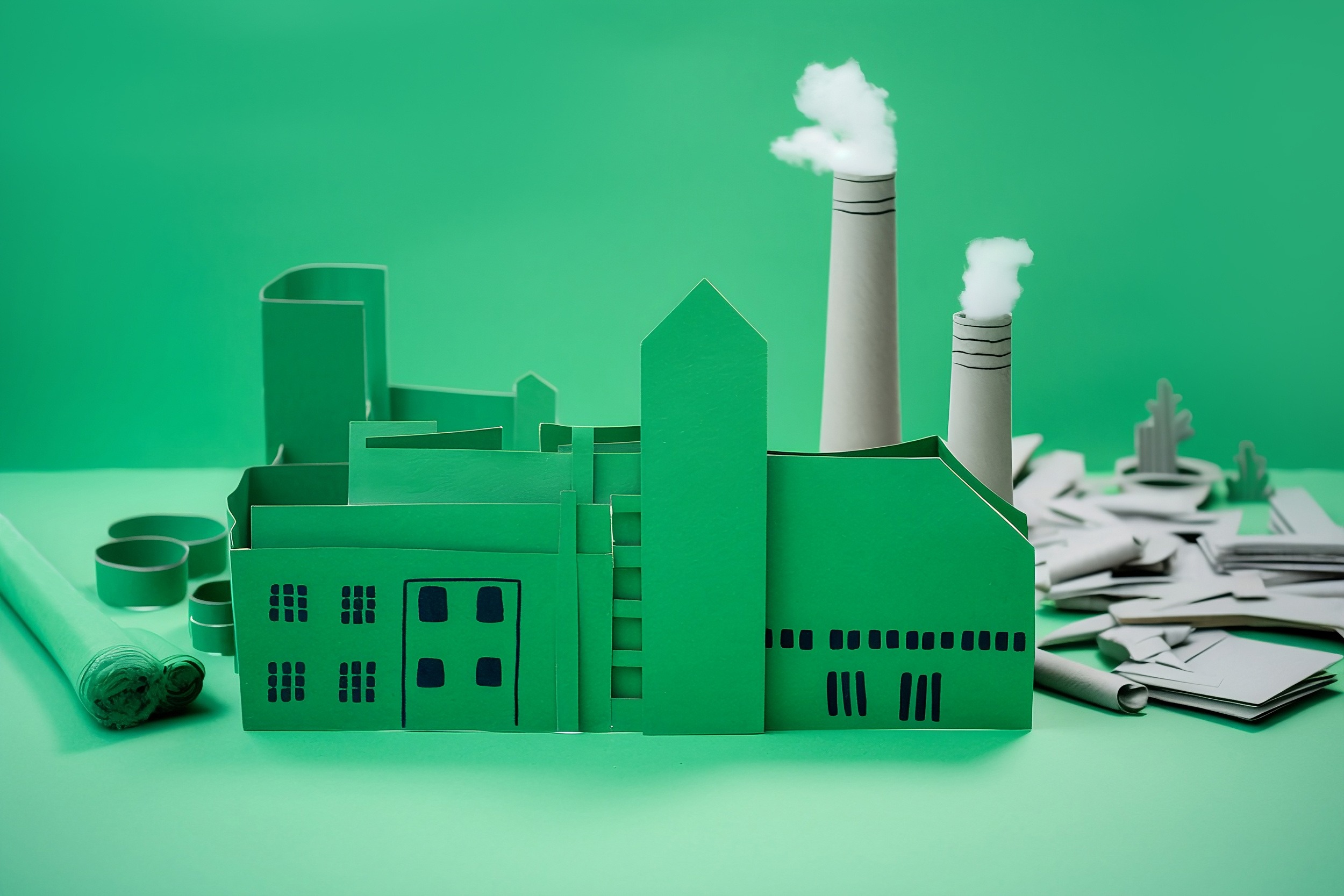 Greenwashing concept with crafted green cardboard factory
